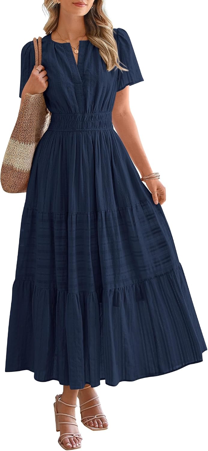V-Neck Short-Sleeve Elastic-Waist Maxi Dress in Navy