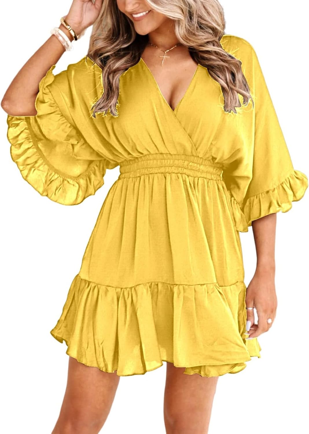 V-Neck Smocked-Waist Ruffle Mini Wrap Dress in Yellow