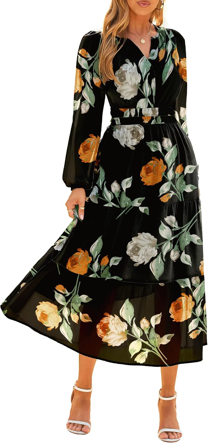 Floral V-Neck Long-Sleeve Flowy Maxi Dress in Black Floral