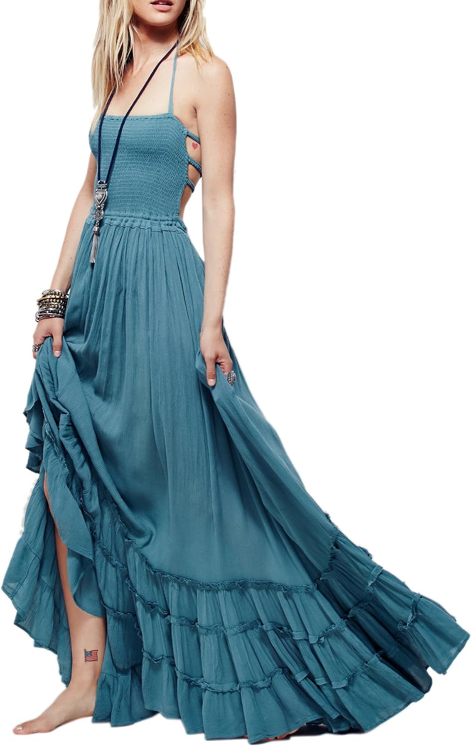 Smocked Ruffle Halter Backless Maxi Dress in Blue