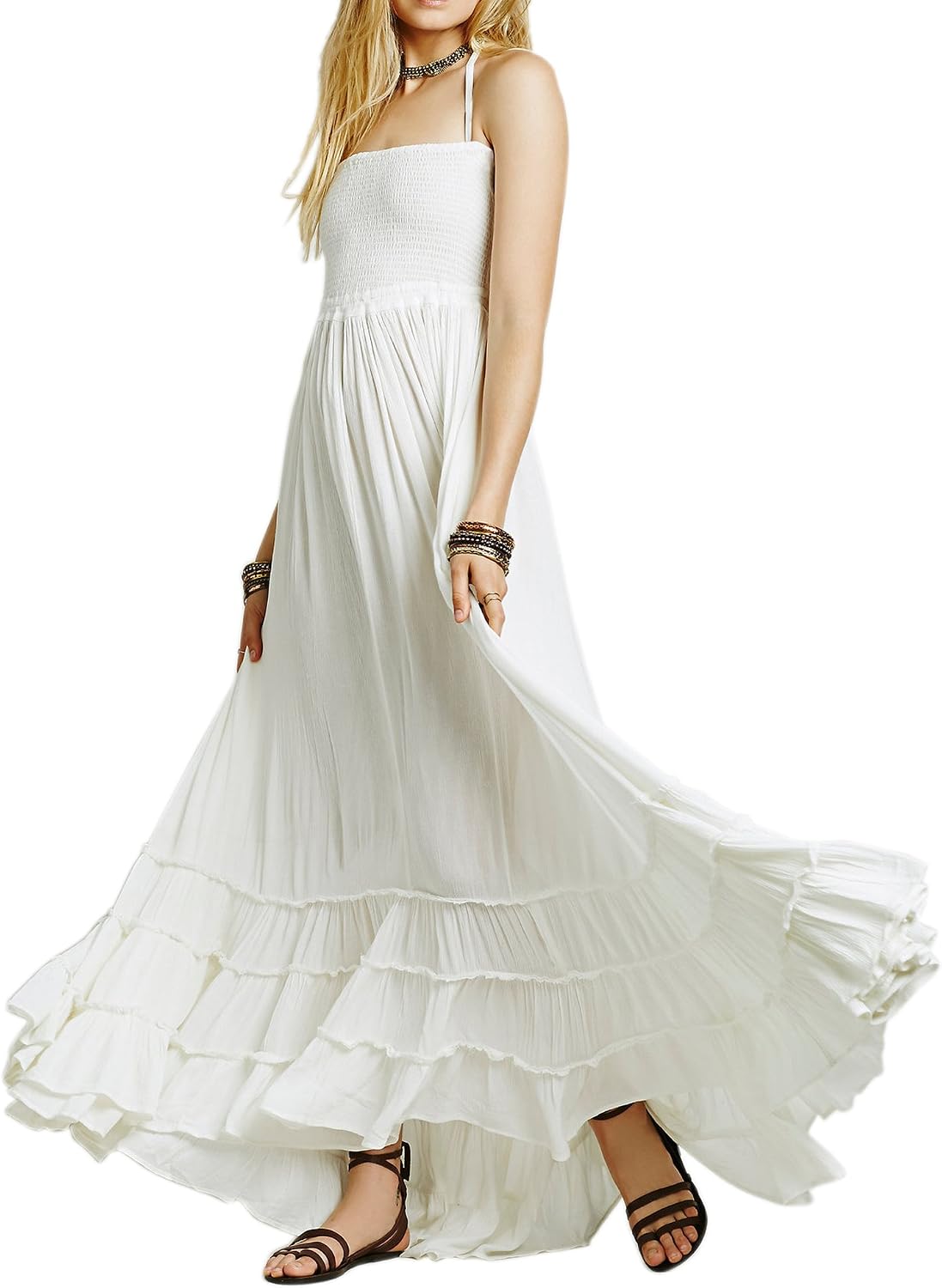Smocked Ruffle Halter Backless Maxi Dress in White