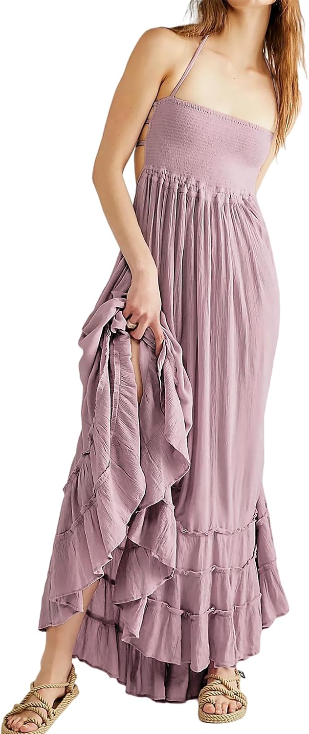 Smocked Ruffle Halter Backless Maxi Dress in Dusty Purple