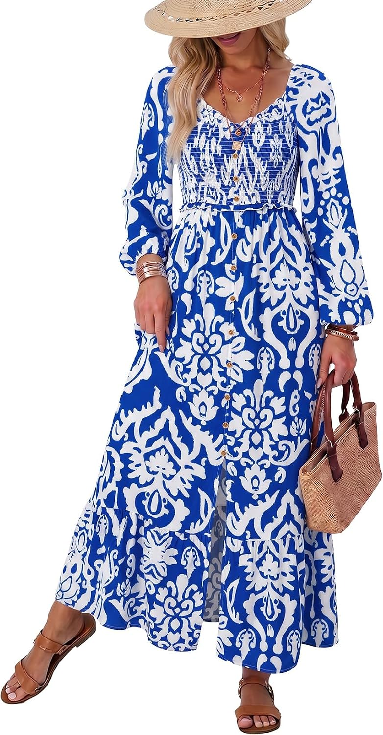 Floral Smocked Long-Sleeve Maxi Dress with Square Neck in Dark Blue