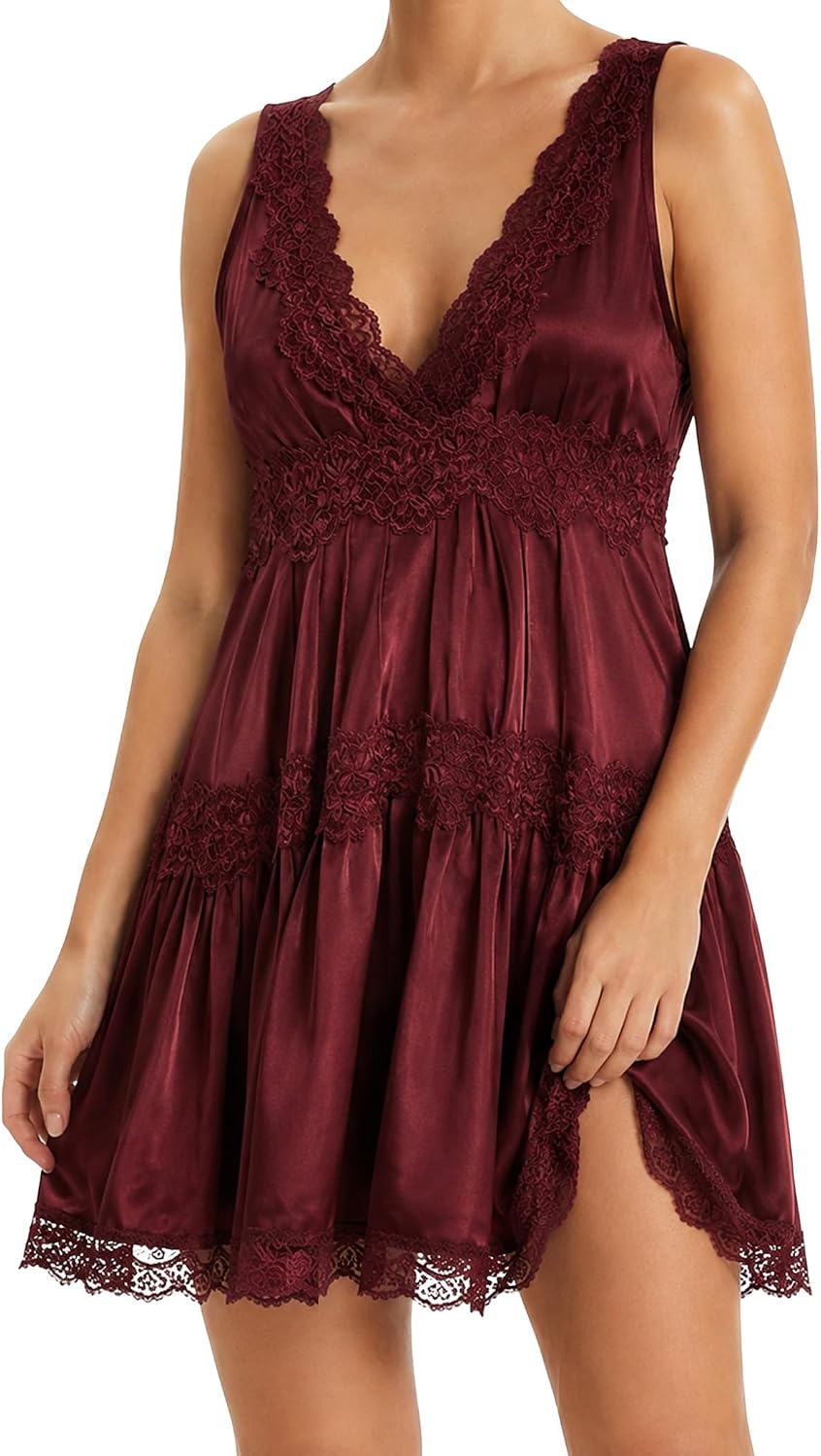 Lace V-Neck Ruffle-Hem Babydoll Slip Mini Dress in Pomegranate