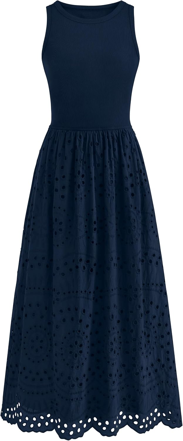 Lace Eyelet Sleeveless Tank Maxi Dress in Navy Blue