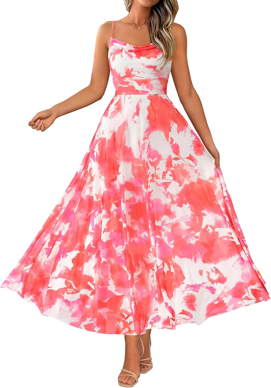 Floral Spaghetti Strap Maxi Dress in Floral Light Orange
