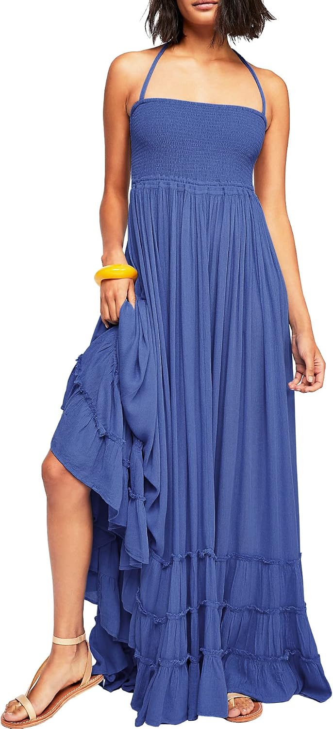 Smocked Ruffle Halter Backless Maxi Dress in Royal Blue