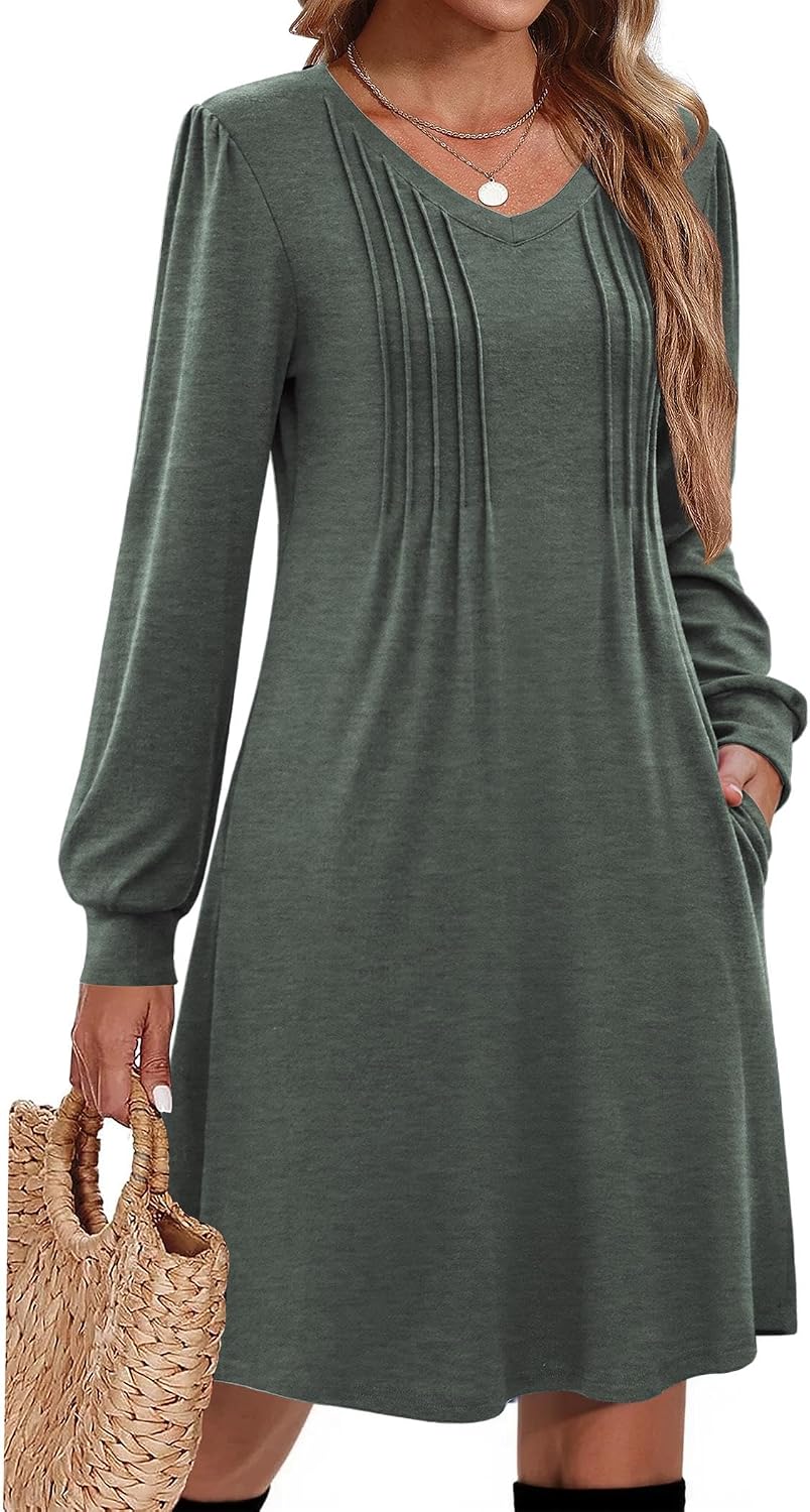 Pleated V-Neck Long-Sleeve A-Line Tunic Dress in Army Green