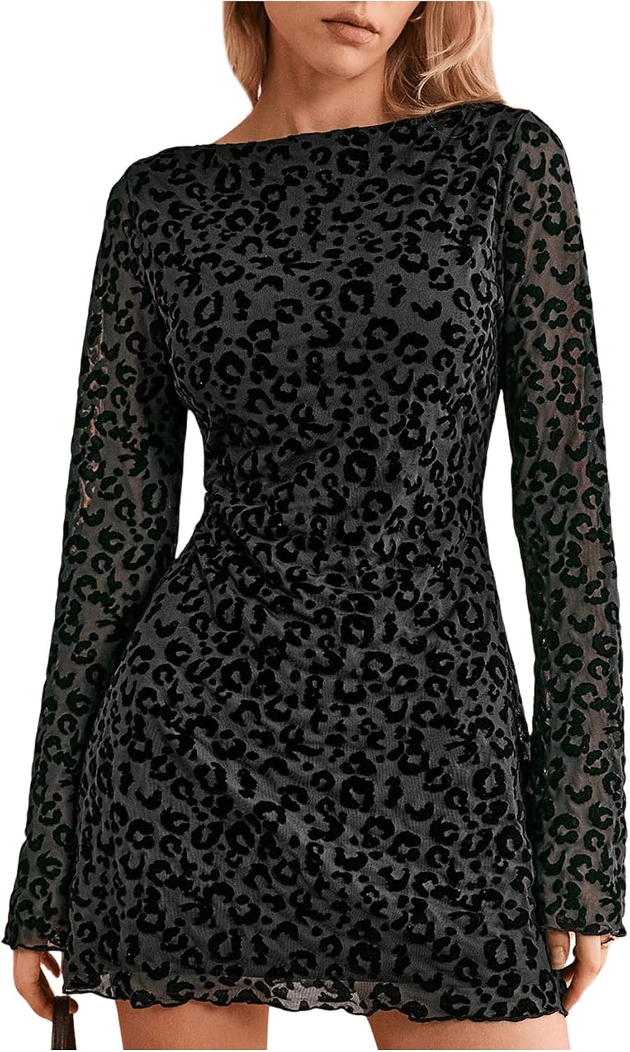 Leopard Print Boat-Neck Bell-Sleeve Mini Dress in Dark Black