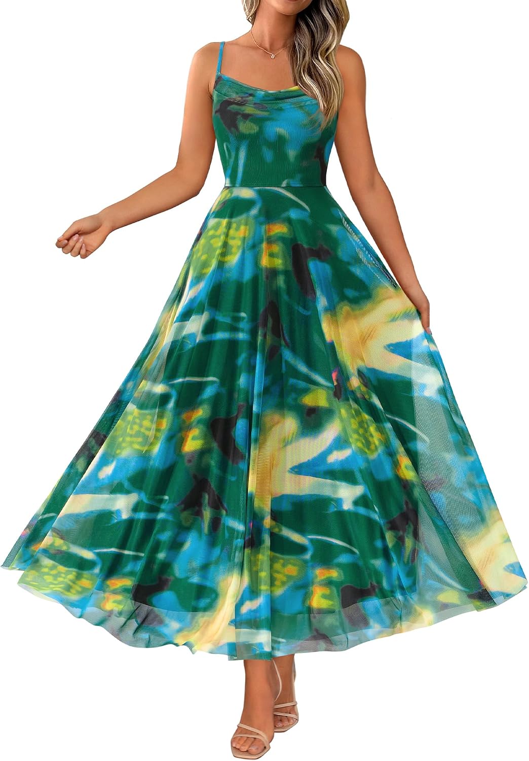 Floral Spaghetti Strap Maxi Dress in Green Big Floral