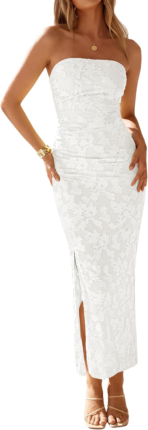 Floral Strapless Ruched Mesh Maxi Dress in White
