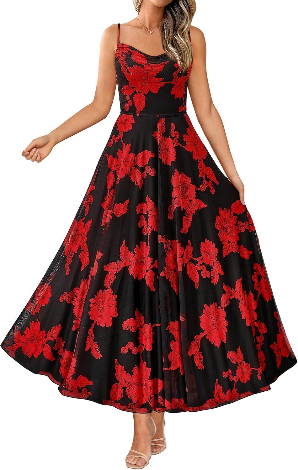 Floral Spaghetti Strap Maxi Dress in Floral Black Red