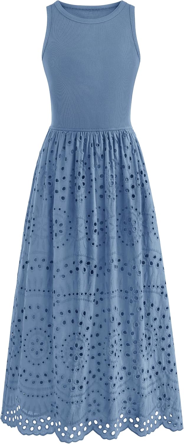 Lace Eyelet Sleeveless Tank Maxi Dress in Grey Blue