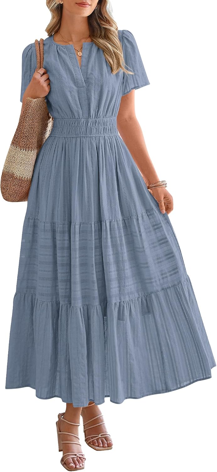 V-Neck Short-Sleeve Elastic-Waist Maxi Dress in Blue Grey