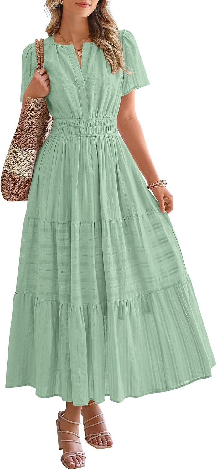 V-Neck Short-Sleeve Elastic-Waist Maxi Dress in Sage Green