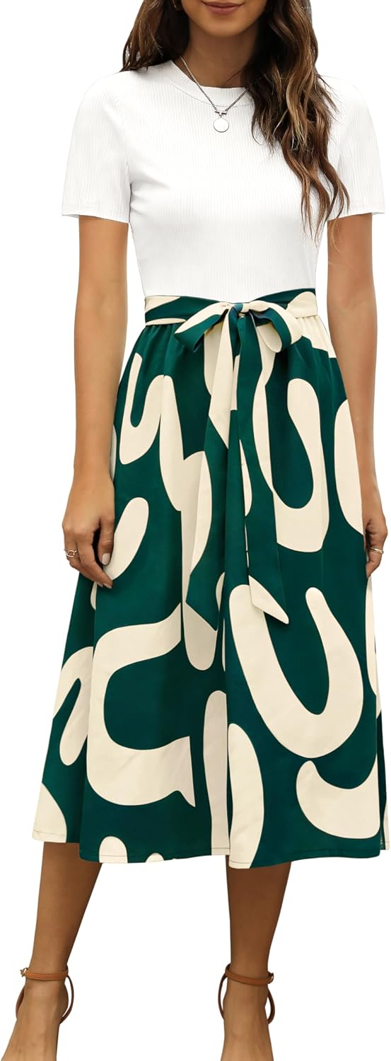 Ribbed Short-Sleeve Midi Dress in white and green