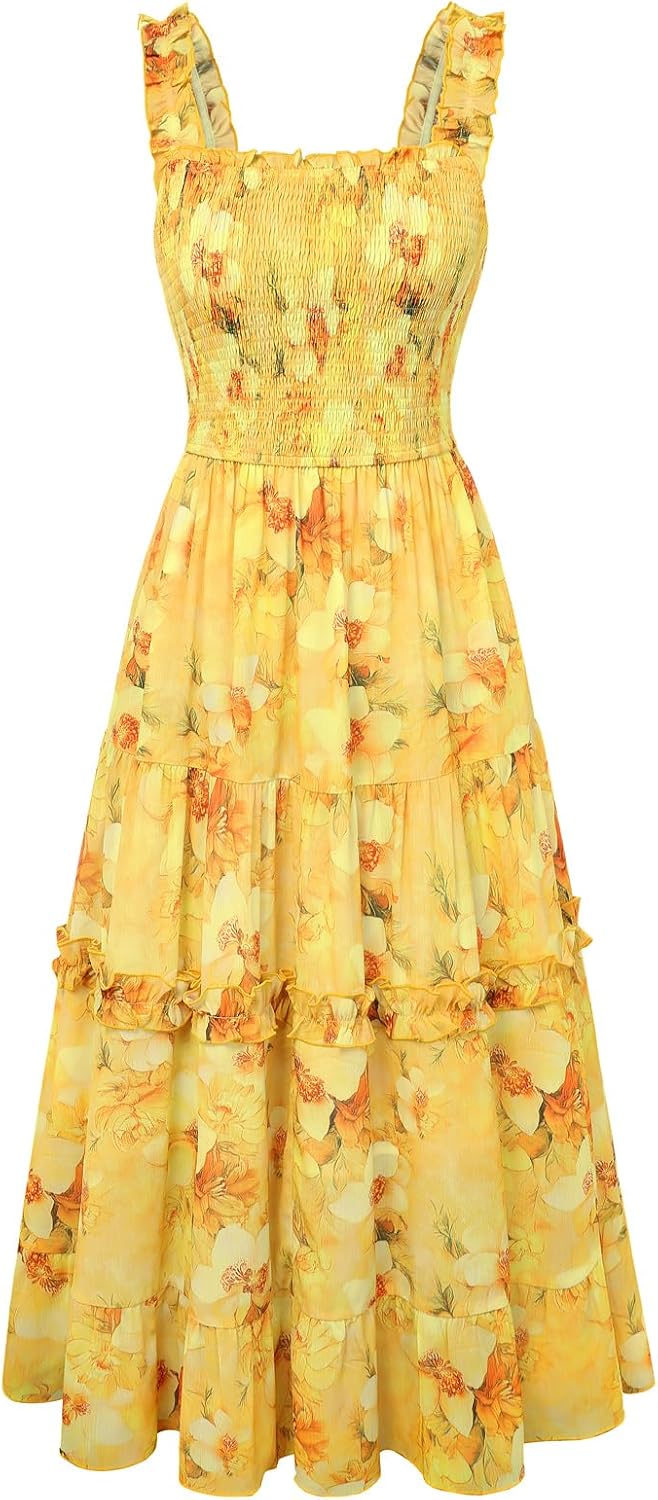 Floral Smocked Square-Neck Tiered Sundress in Deep Yellow Floral