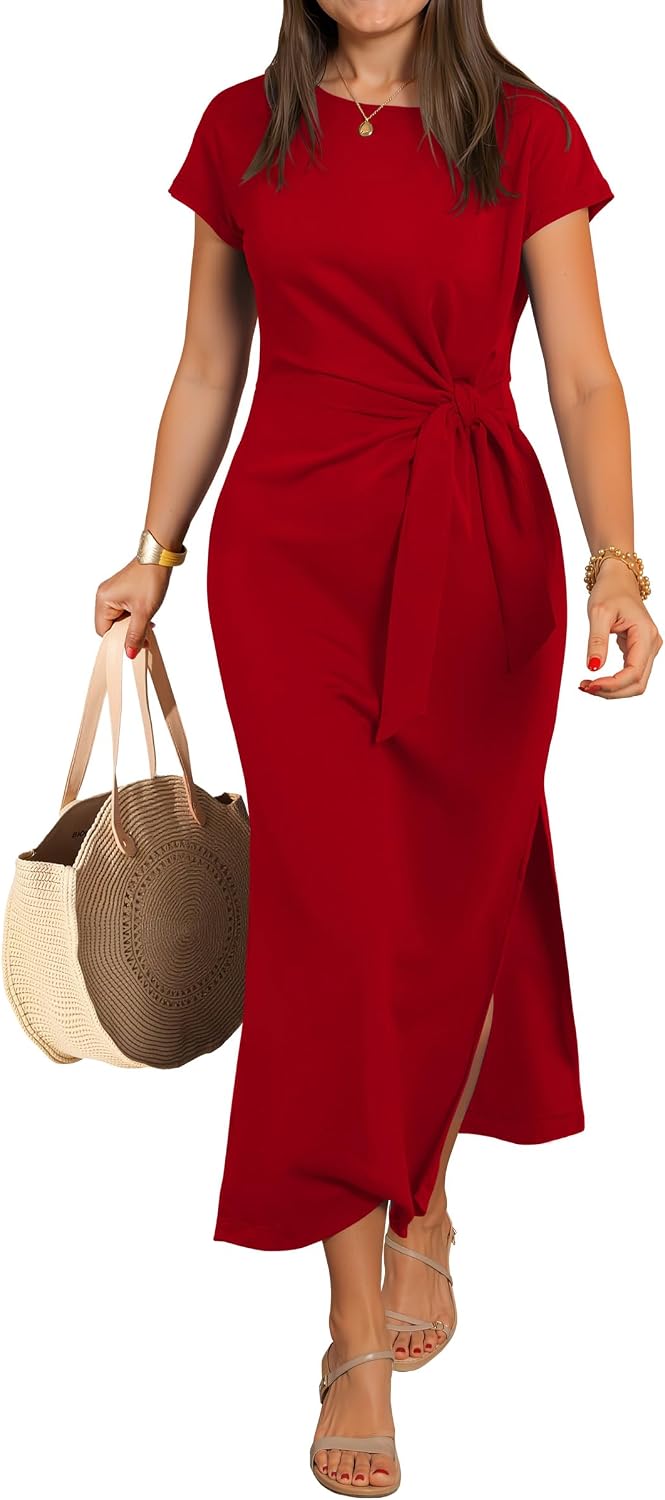 Crew-Neck Tie-Waist Maxi Dress with Side Split in Red