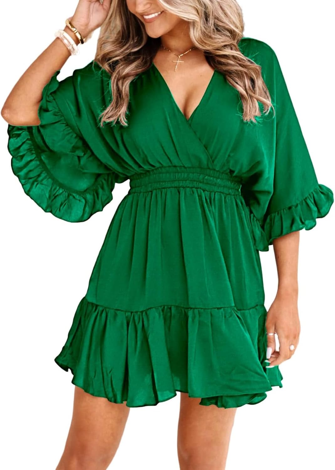 V-Neck Smocked-Waist Ruffle Mini Wrap Dress in Emerald Green