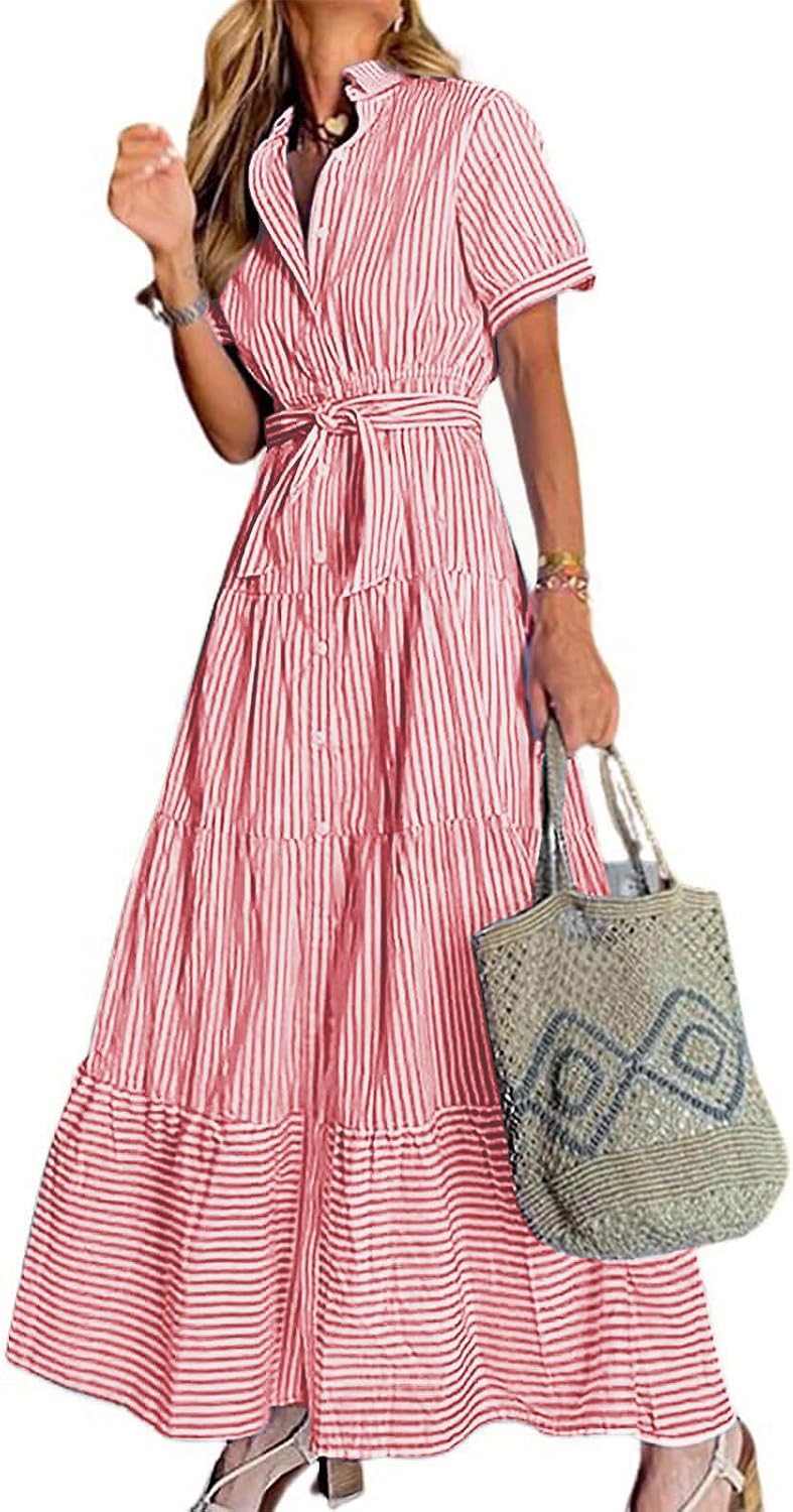 Striped Button-Down Ruffled Maxi Shirt Dress in Red