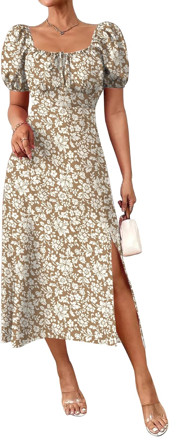 Floral Puff-Sleeve Square-Neck Midi Dress in Khaki Floral, style 2