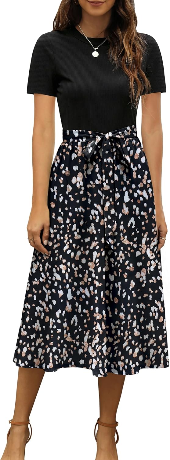 Ribbed Short-Sleeve Midi Dress in black, print JY