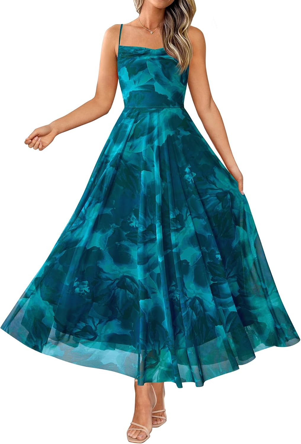 Floral Spaghetti Strap Maxi Dress in Floral Blue Green
