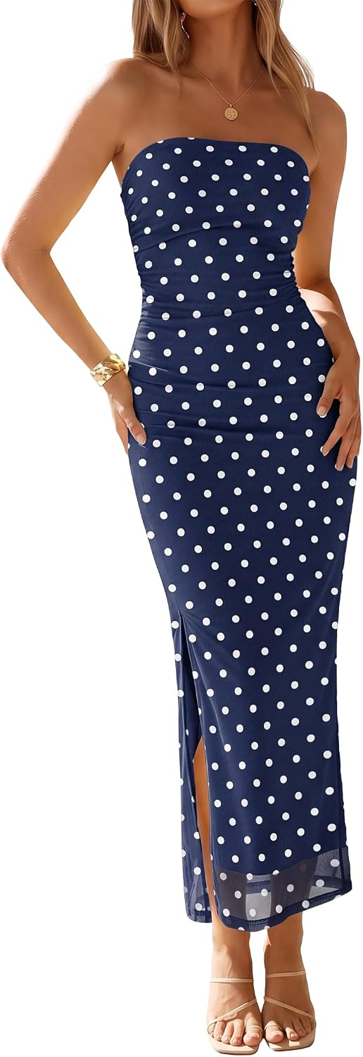 Floral Strapless Ruched Mesh Maxi Dress in Navy