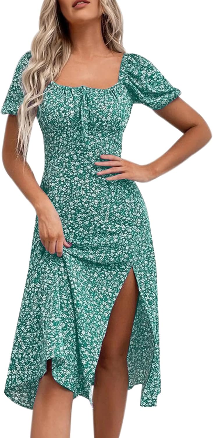 Floral Puff-Sleeve Square-Neck Midi Dress in Green Floral, style 2