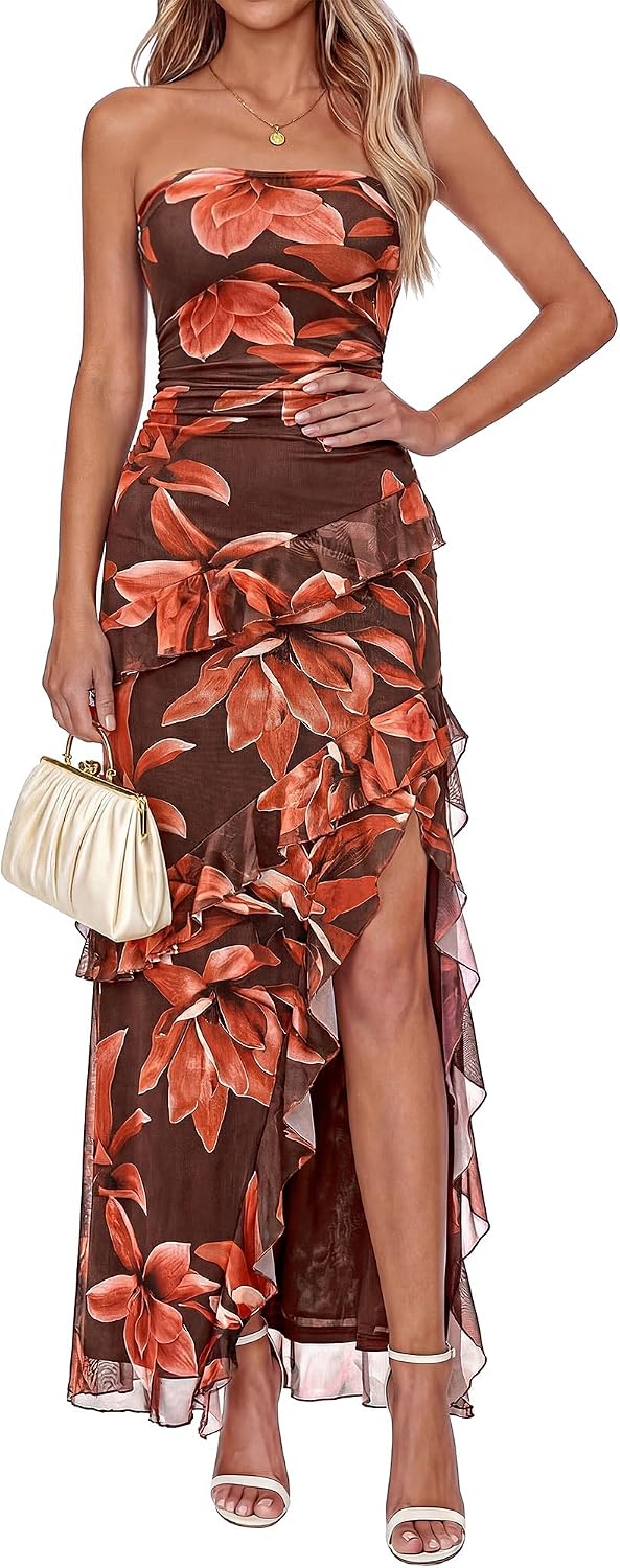 Off-Shoulder Ruffle Mesh Maxi Dress in Floral Red Brown