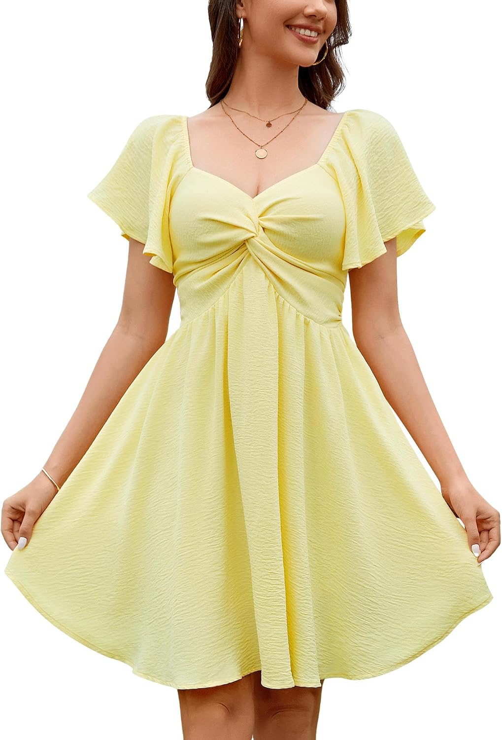 Chiffon Sweetheart Knot-Front Flutter-Sleeve Mini Dress in Yellow