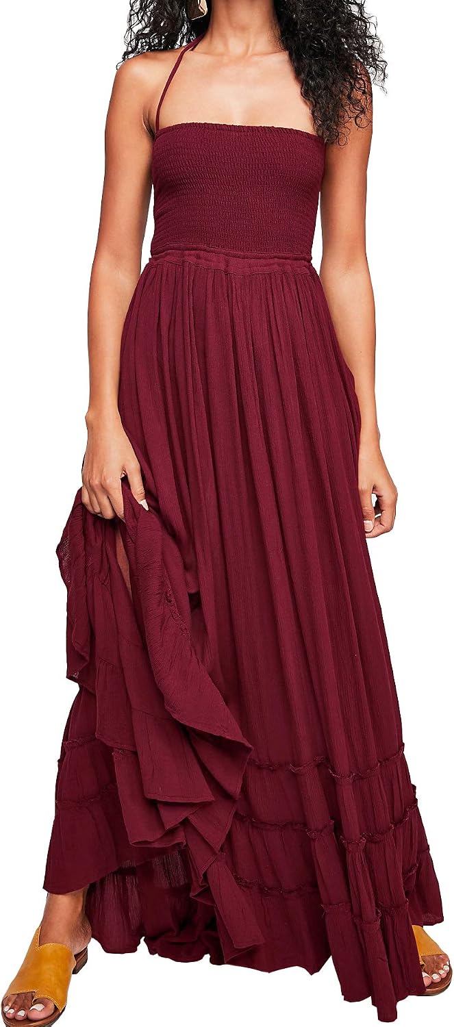 Smocked Ruffle Halter Backless Maxi Dress in Wine Red