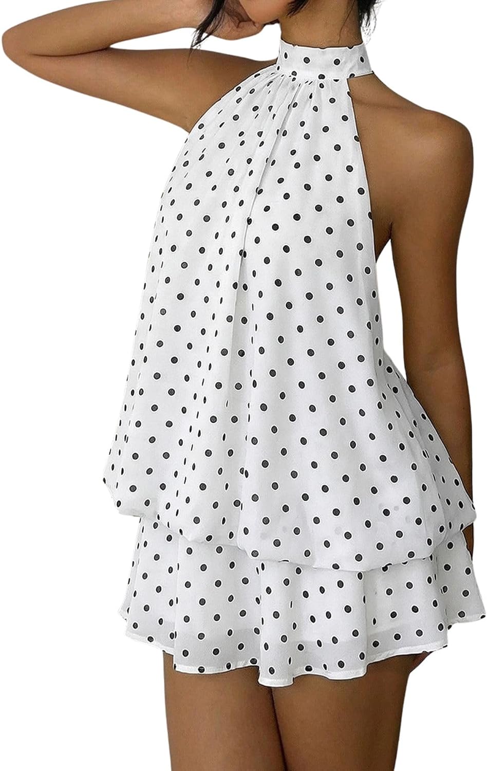 Chiffon Halter Drop-Waist Ruffle-Hem Mini Dress in Polka White