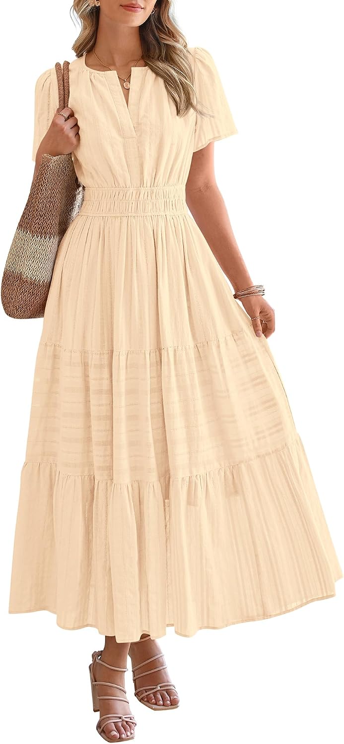 V-Neck Short-Sleeve Elastic-Waist Maxi Dress in Apricot