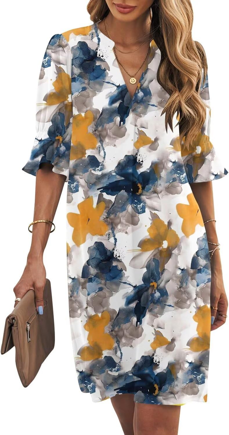 Ruffle-Sleeve V-Neck Swing Shift Mini Dress in Blue Yellow Watercolor