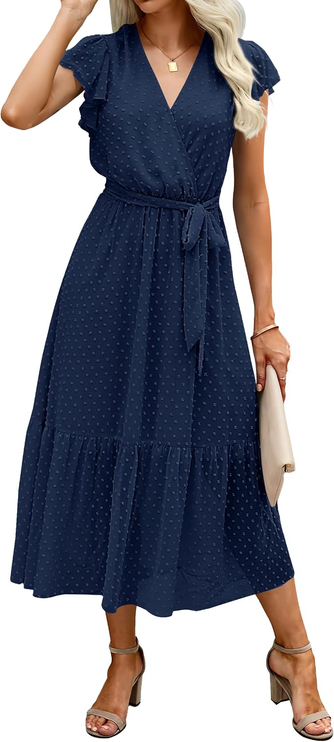 Swiss Dot Wrap V-Neck Belted Midi Dress in Swiss Dot Navy