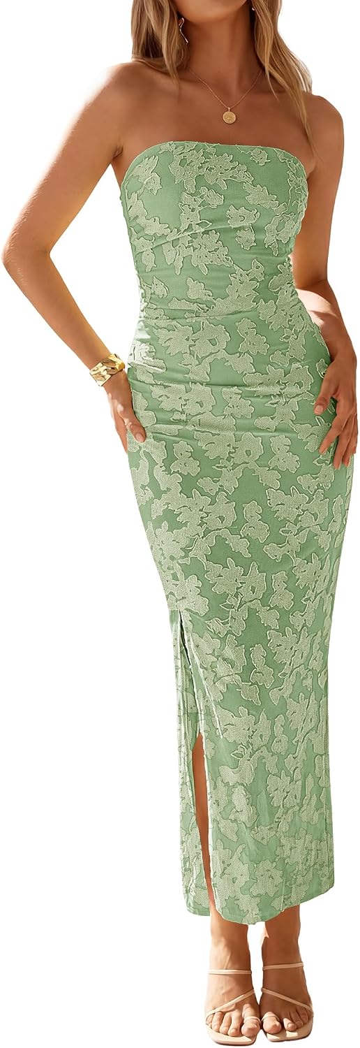 Floral Strapless Ruched Mesh Maxi Dress in Light Green