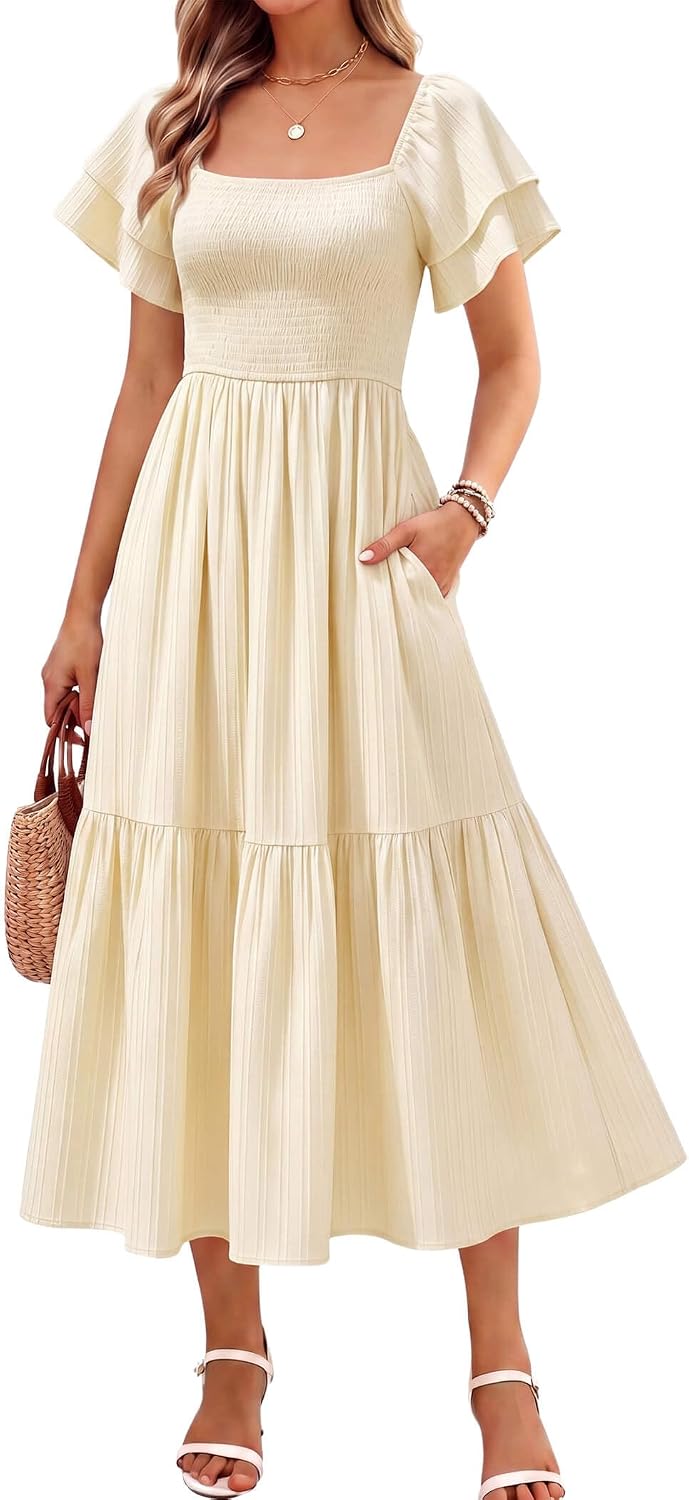 Off-Shoulder Ruffle Square-Neck Midi Dress in Pale Yellow