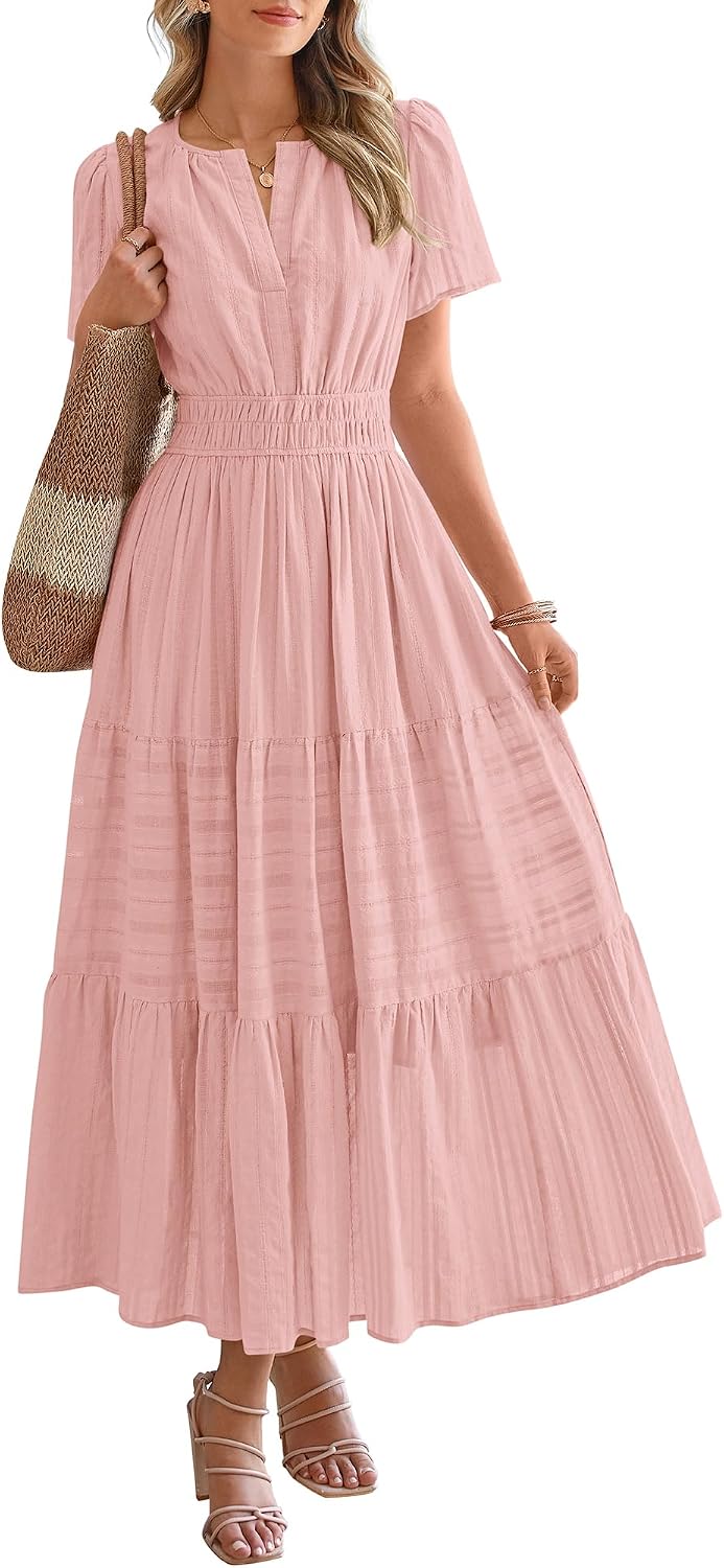 V-Neck Short-Sleeve Elastic-Waist Maxi Dress in Bean Paste Pink