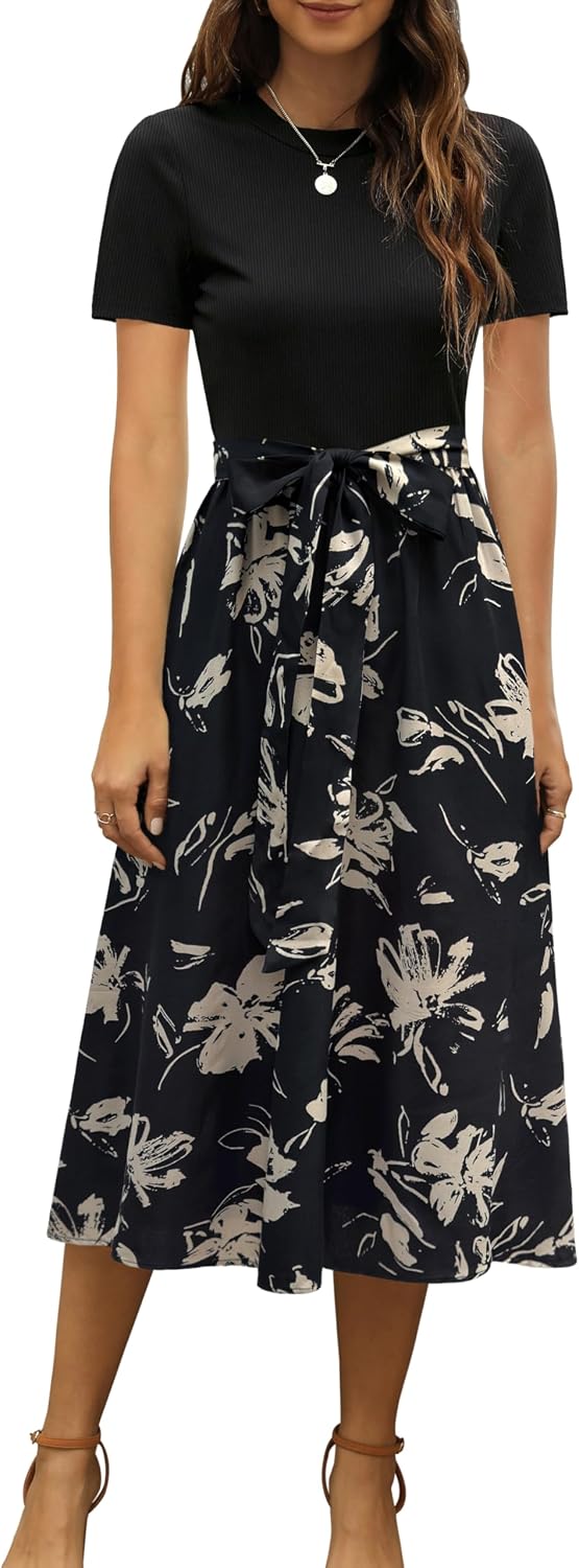 Ribbed Short-Sleeve Midi Dress in black, print X