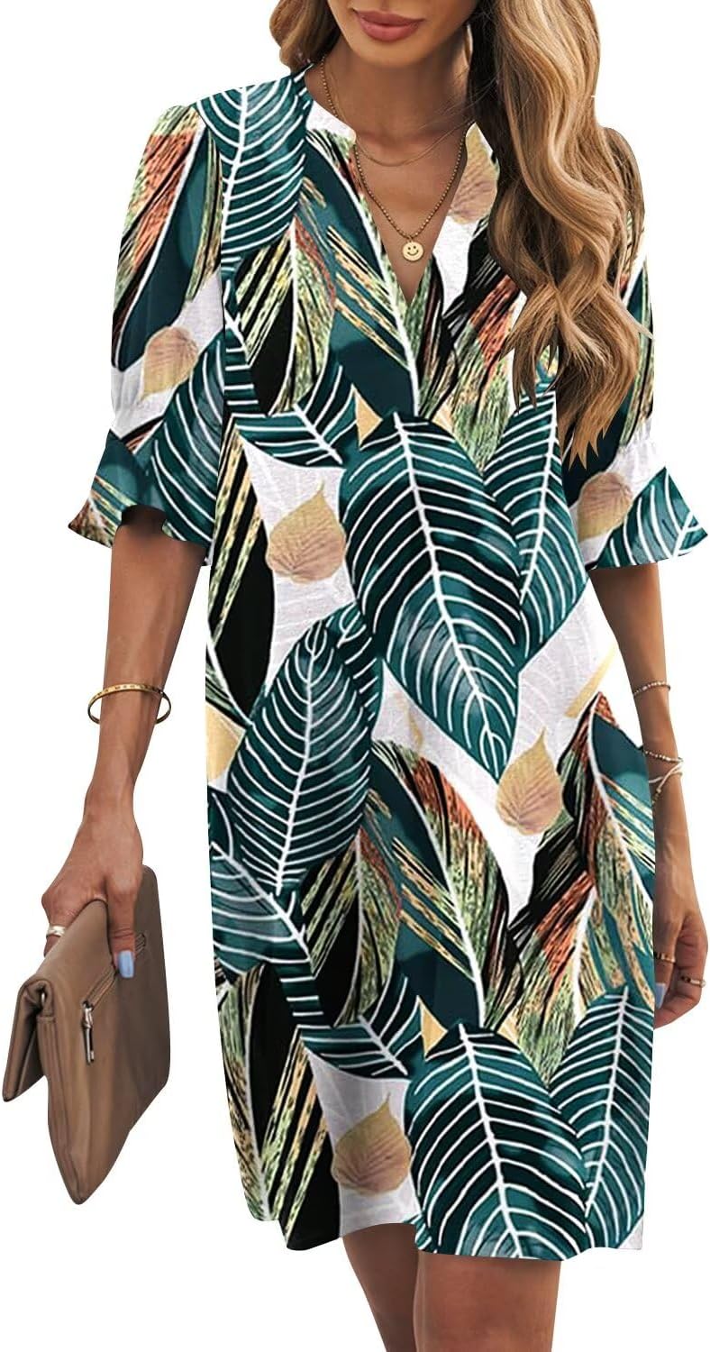 Ruffle-Sleeve V-Neck Swing Shift Mini Dress in Palm Leaves