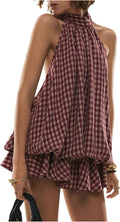 Plaid Halter Bubble-Hem Mini Dress in Burgundy Plaid