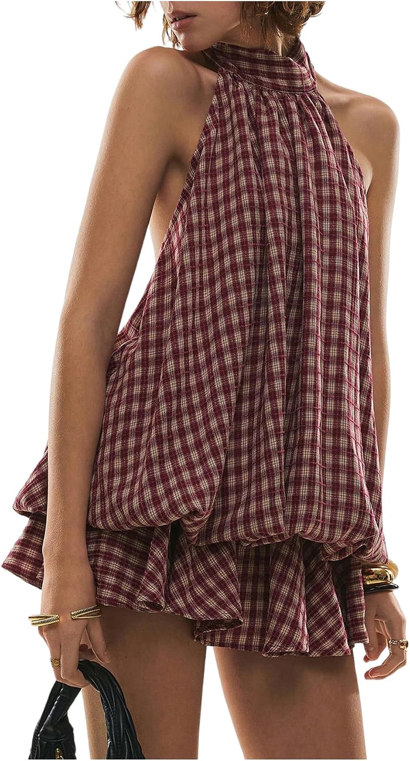 Plaid Halter Bubble-Hem Mini Dress in Burgundy Plaid