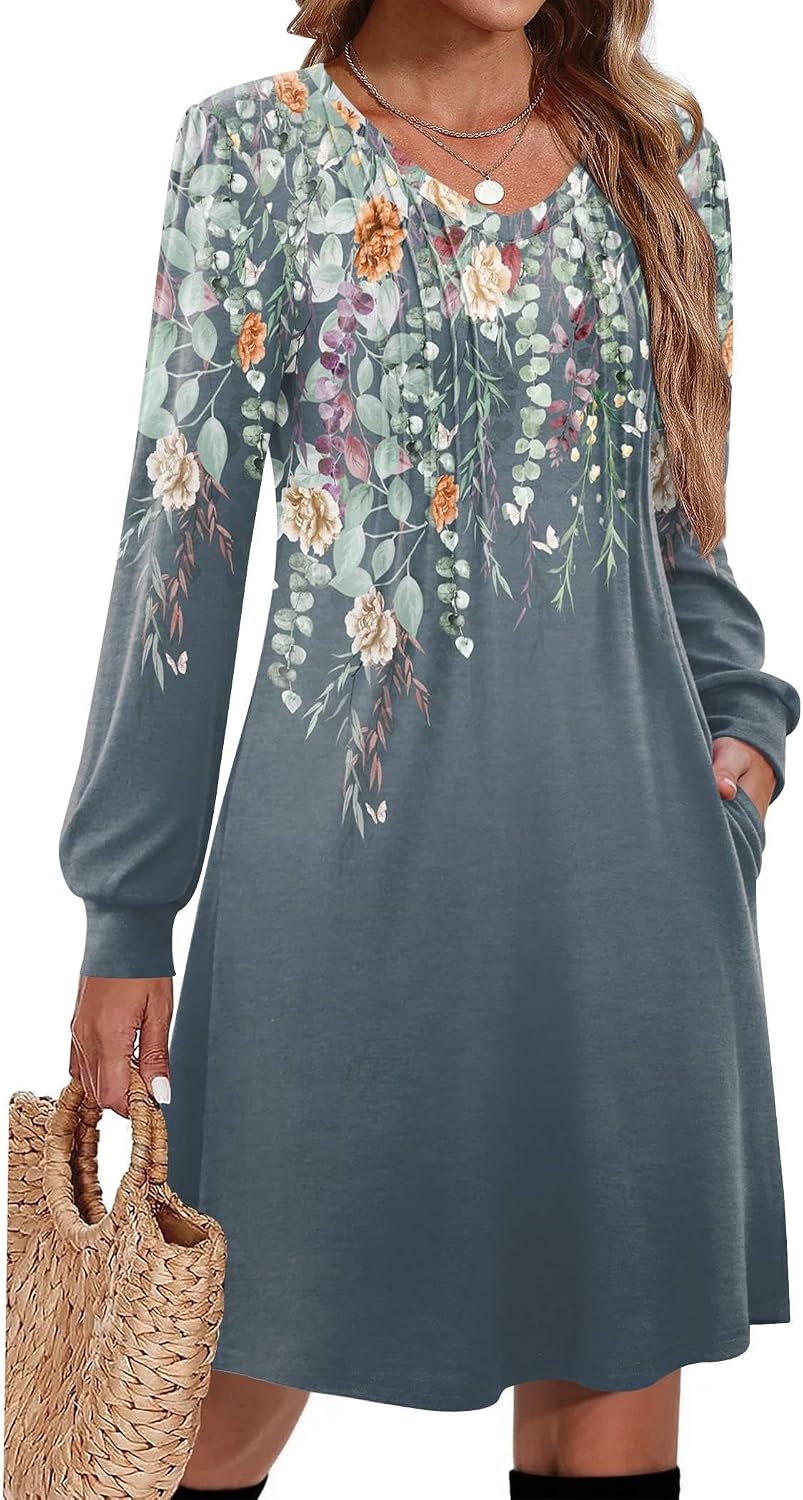 Pleated V-Neck Long-Sleeve A-Line Tunic Dress in Blue Green Floral