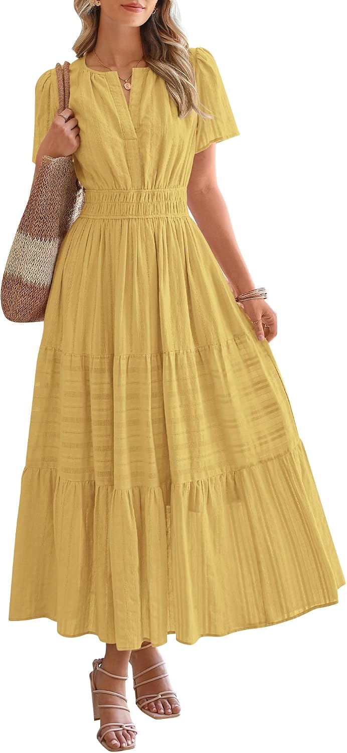 V-Neck Short-Sleeve Elastic-Waist Maxi Dress in Yellow