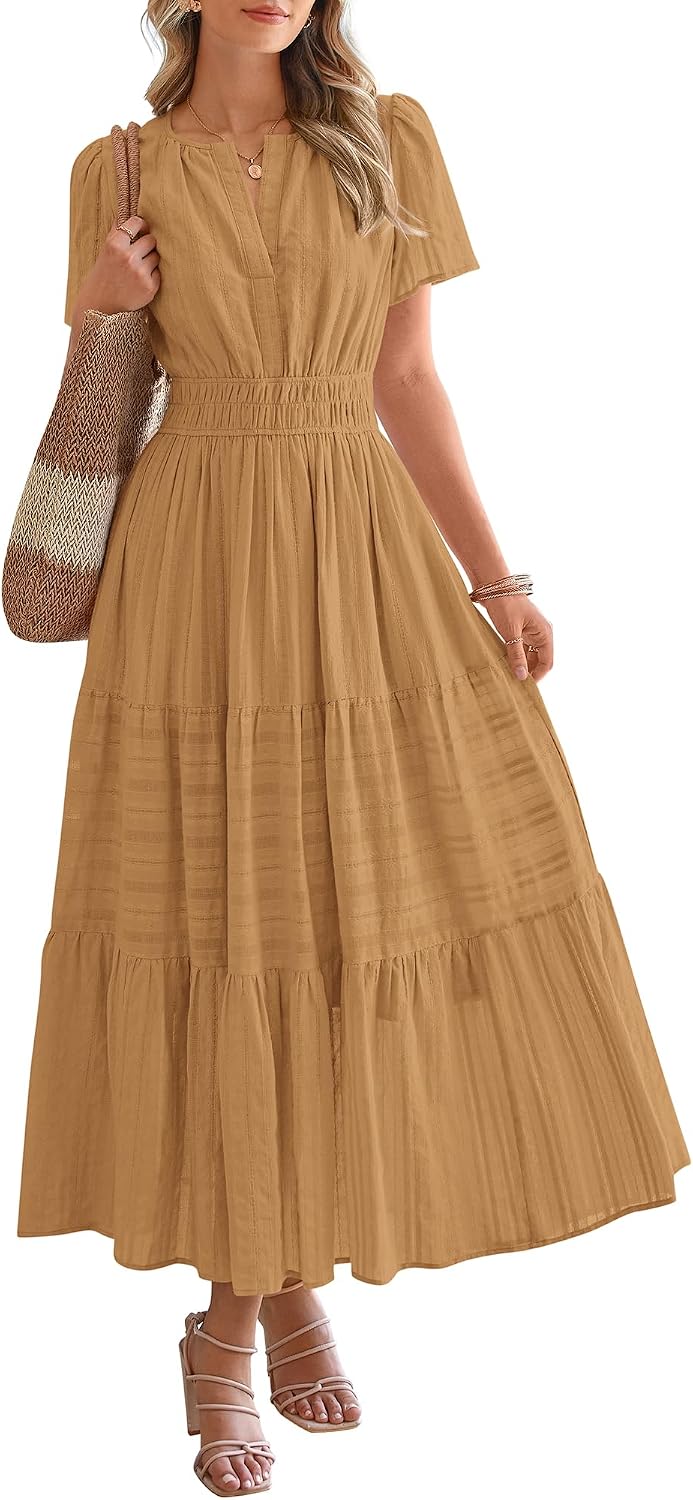 V-Neck Short-Sleeve Elastic-Waist Maxi Dress in Khaki