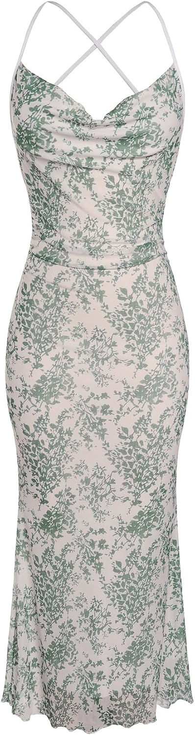 Floral Mesh Cowl-Neck Cami Maxi Dress in Beige and Green