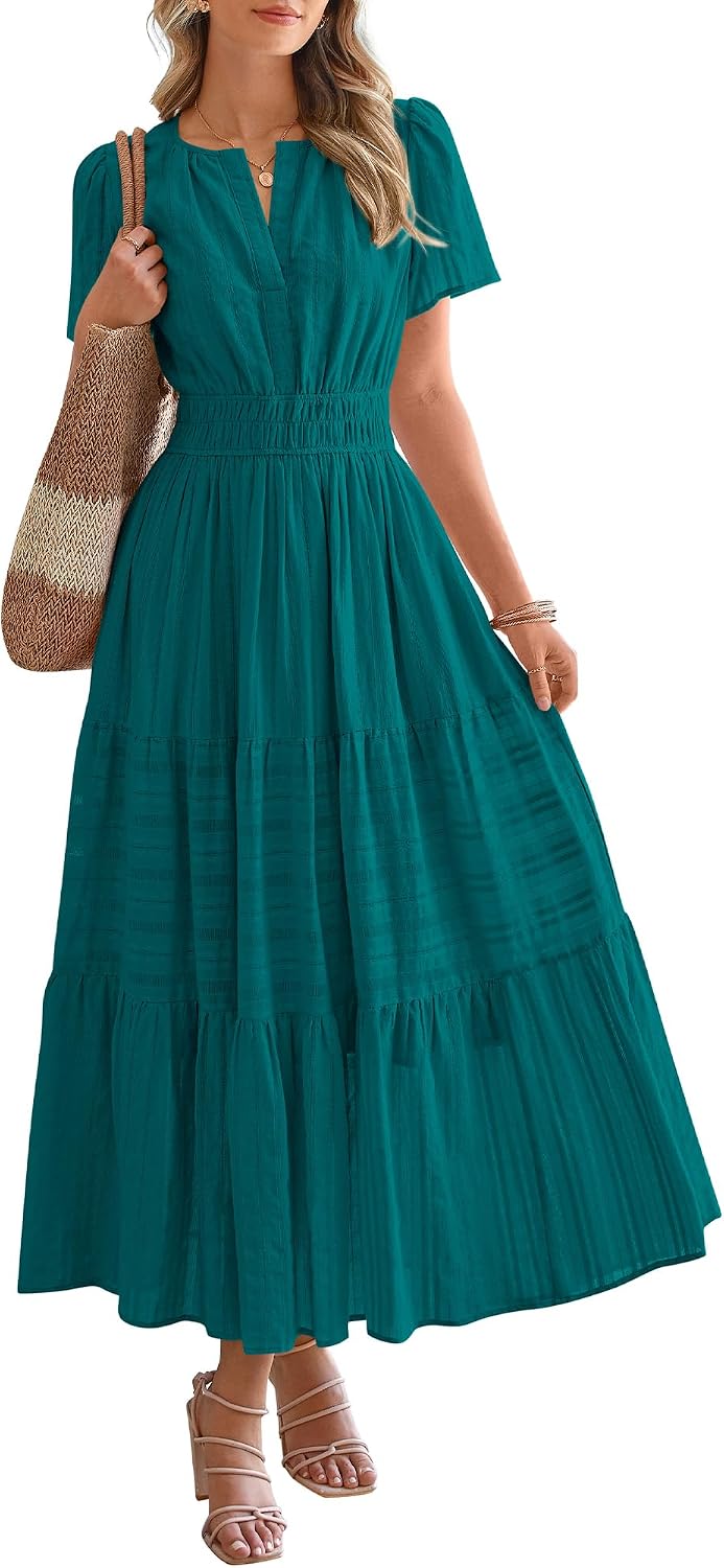 V-Neck Short-Sleeve Elastic-Waist Maxi Dress in Malachite Green