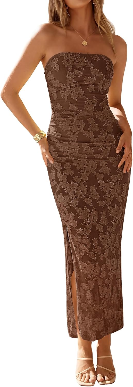 Floral Strapless Ruched Mesh Maxi Dress in Coffee