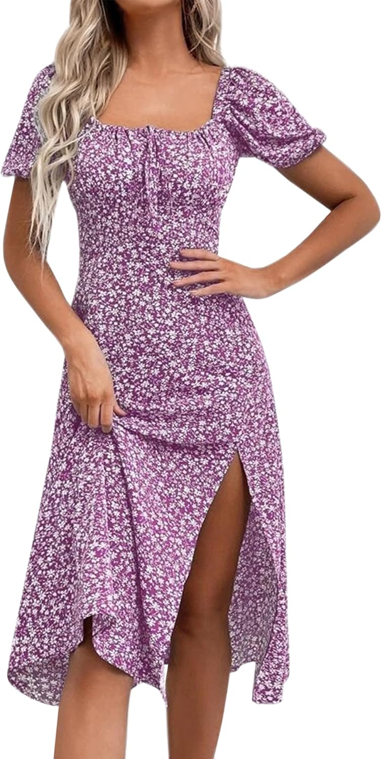 Floral Puff-Sleeve Square-Neck Midi Dress in Purple Floral